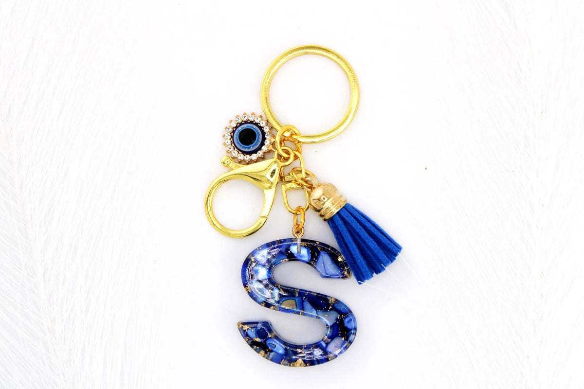 Personalized Blue Resin Initial Keychain/Custom Letter Charm with Evil Eye/Tassel & Rhinestones/Best Gift for Her
