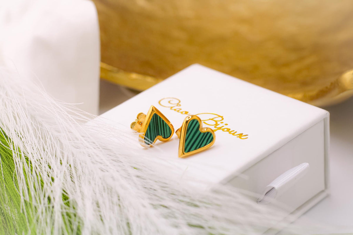 Green Marble Heart Earrings, Gold Stainless Steel Studs, Hypoallergenic