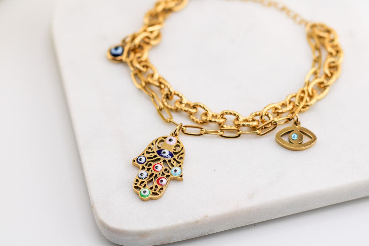 Gold Hamsa Hand Evil Eye Bracelet | Adjustable Sterling Silver Protection Jewelry | Handmade Hypoallergenic Charm Bracelet | Gift for Her