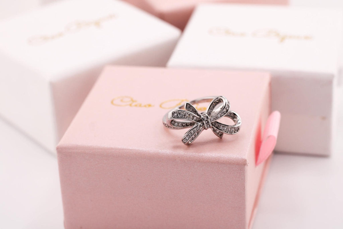 Shiny Silver Bow Ring/Rhinestone Jewelry/Sparkling Statement Ring/Dainty Adjustable Band/Gift for Her
