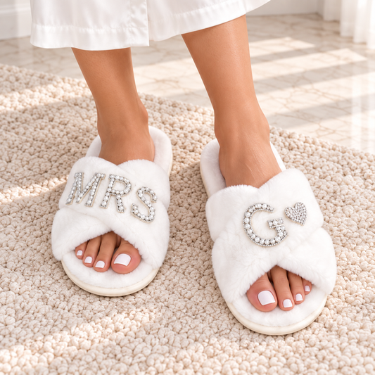 Personalized Bridal & Bridesmaid Slippers - Fluffy White Slippers with Custom Rhinestone Names