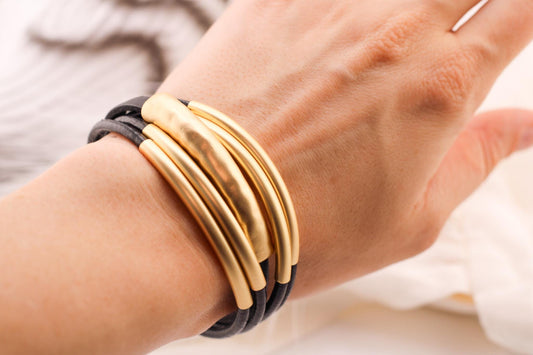 Layered Gold Colored Bracelet with Magnetic Clasp /Real Leather & Gold Chain Bracelet /Dainty Multi-Strand Bracelet/Elegant Gift for Her