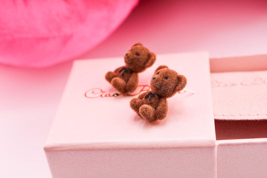Flocked Bear Earrings, 925 Silver Needle Studs