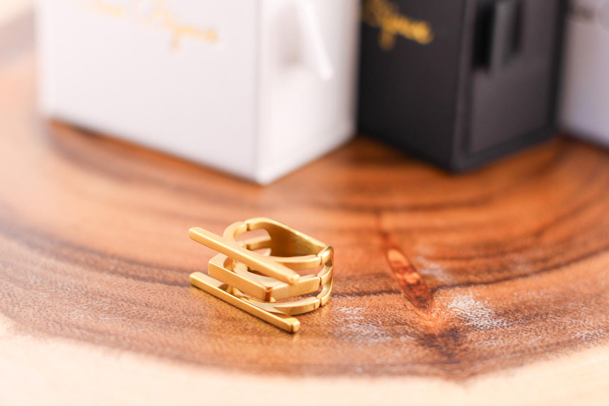 18K Gold Plated Stainless Steel Ring, Geometric Triple Line Band