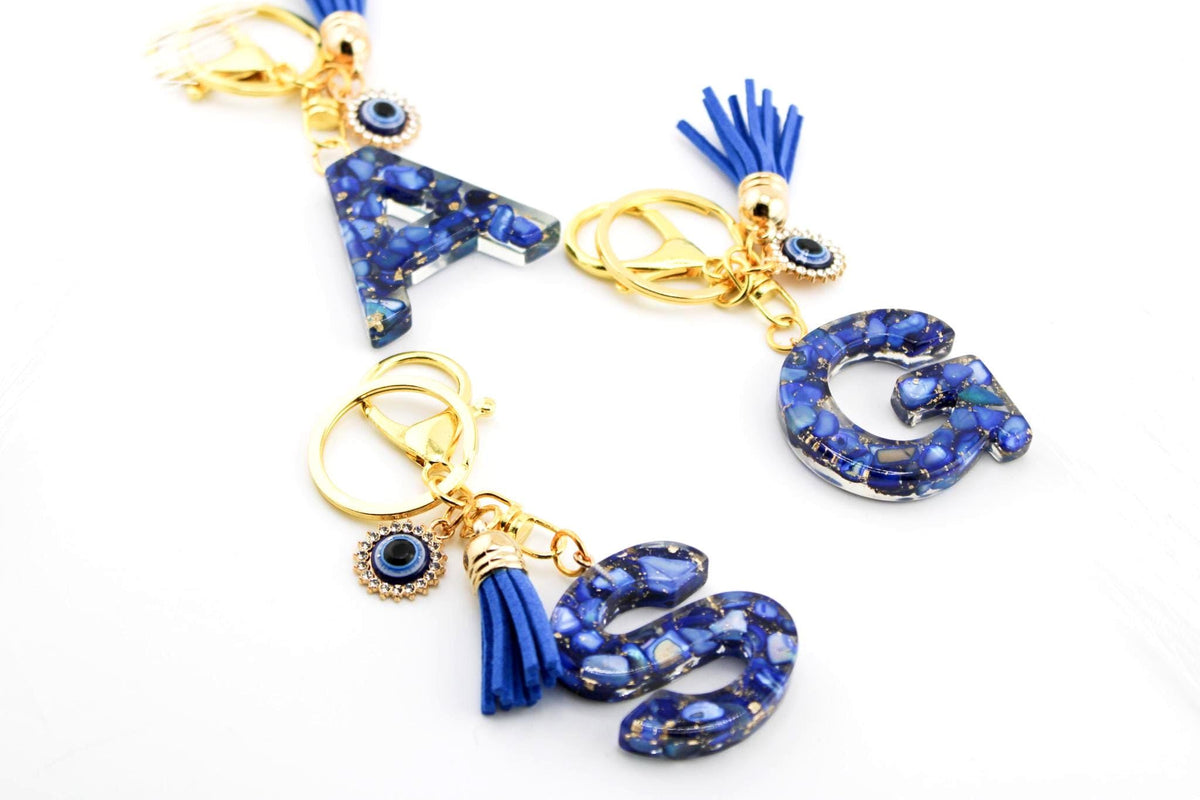 Blue Resin Initial Keychain, Custom Letter Charm with Evil Eye & Tassel