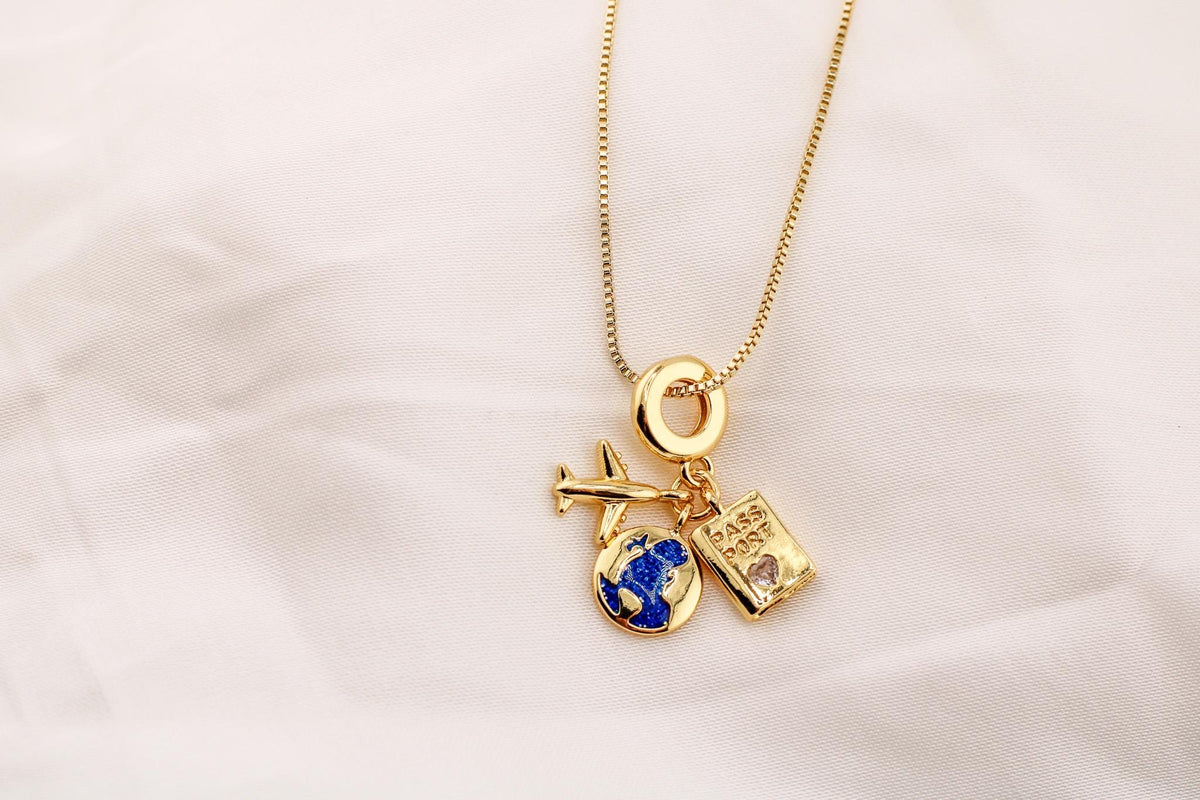 Gold Passport Charm Necklace, Airplane & Globe Travel Jewelry