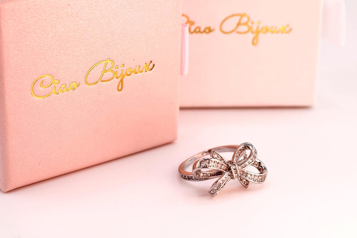 Shiny Silver Bow Ring/Rhinestone Jewelry/Sparkling Statement Ring/Dainty Adjustable Band/Gift for Her