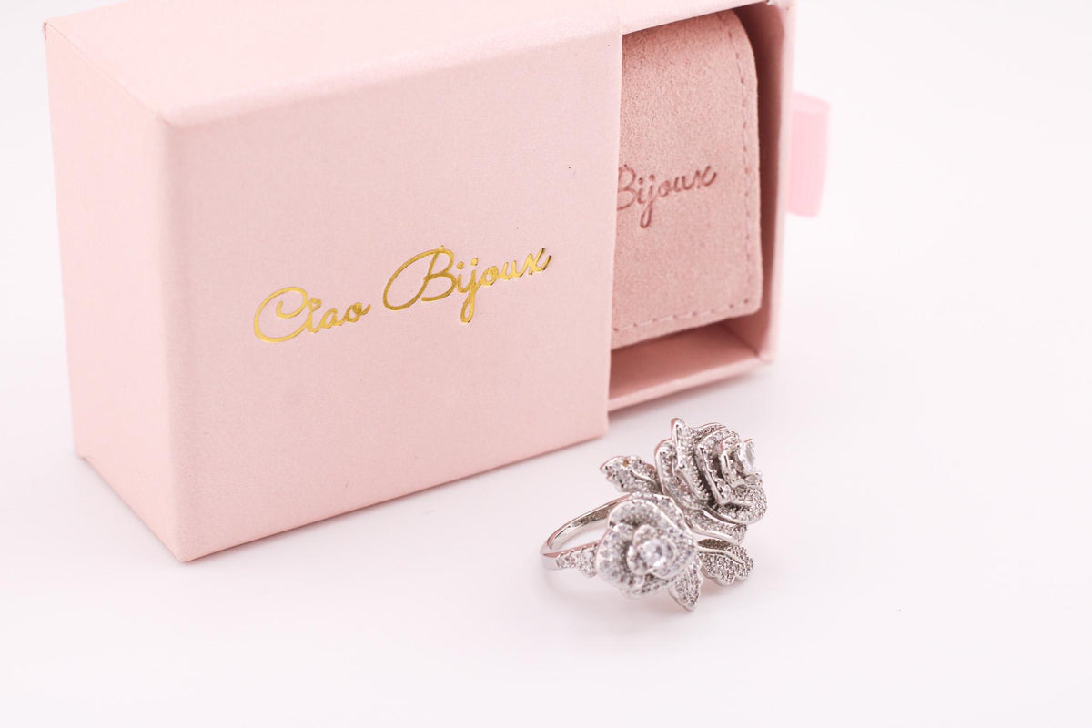 Shiny Silver Ring/Rhinestone Rose/Floral Jewelry/Dainty Band/Unigue Ring/Gift Women