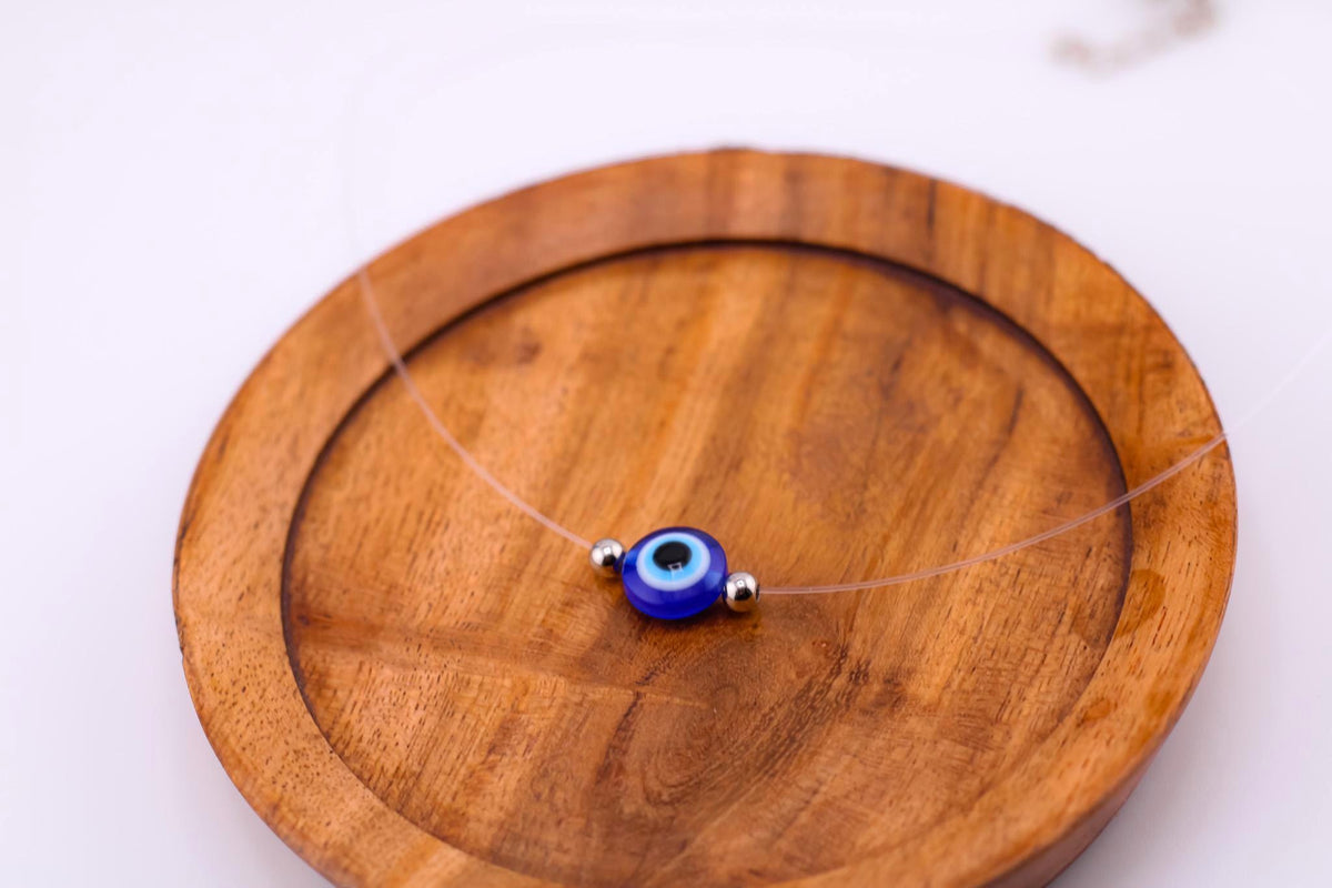 Invisible Evil Eye Necklace, Gold Plated Blue Glass Pendant, Minimalist Protection Jewelry