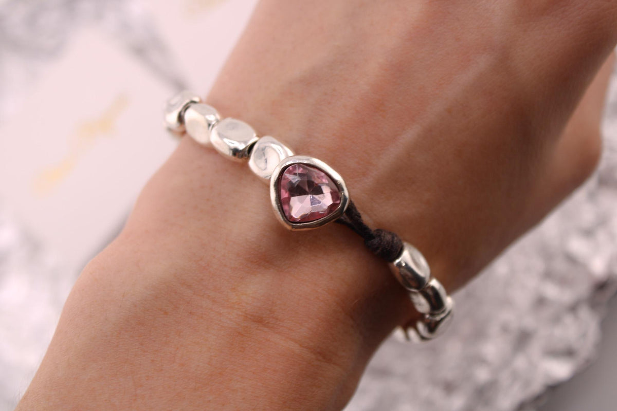 Silver Pink Rhinestone Bracelet/Sparkling Crystal Jewelry for Women/Gift for Her