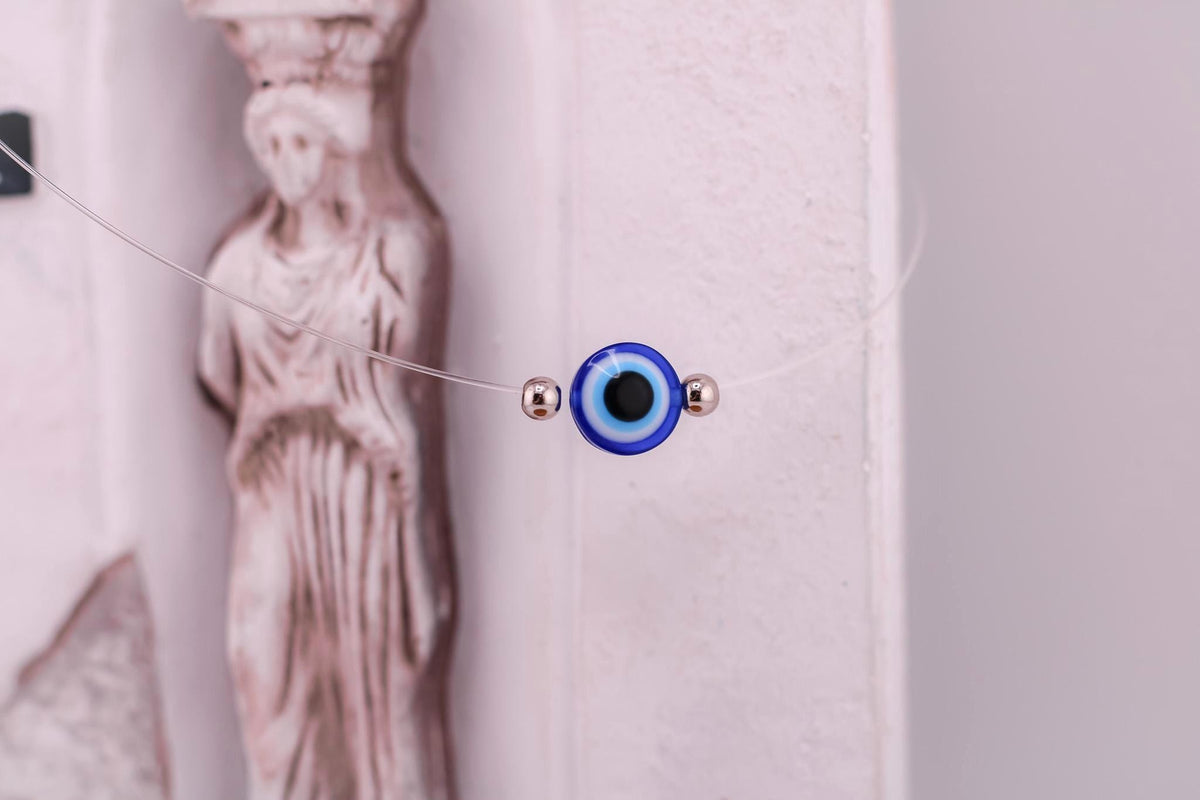 Invisible Evil Eye Necklace/ Gold Plated Blue Glass Pendant/Transparent Nylon Protection Necklace/Dainty Greek Eye Jewelry/Gift for Her
