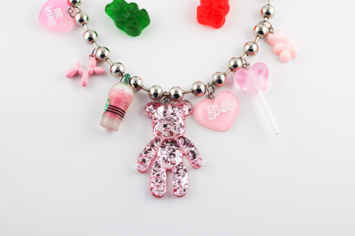 Handmade Pink Sparkling Bear Necklace/Silver Stainless Steel Bead Chain with Multiple Cute Pendants/Kawaii Jewelry Gift