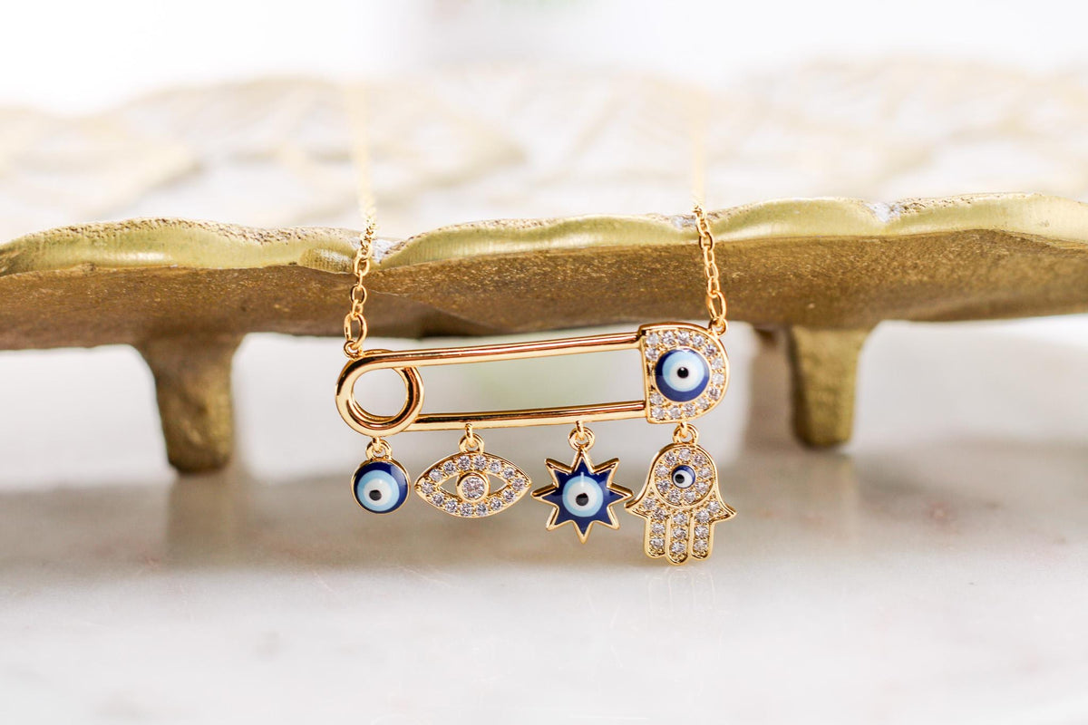 Evil Eye Pin Necklace with Charms /Unique Necklace/Gift for Her/Spiritual Jewelry/ Protection Necklace/Best Gift/