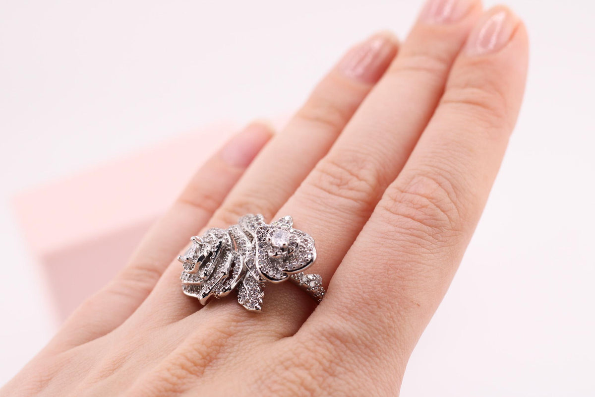 Shiny Silver Ring/Rhinestone Rose/Floral Jewelry/Dainty Band/Unigue Ring/Gift Women