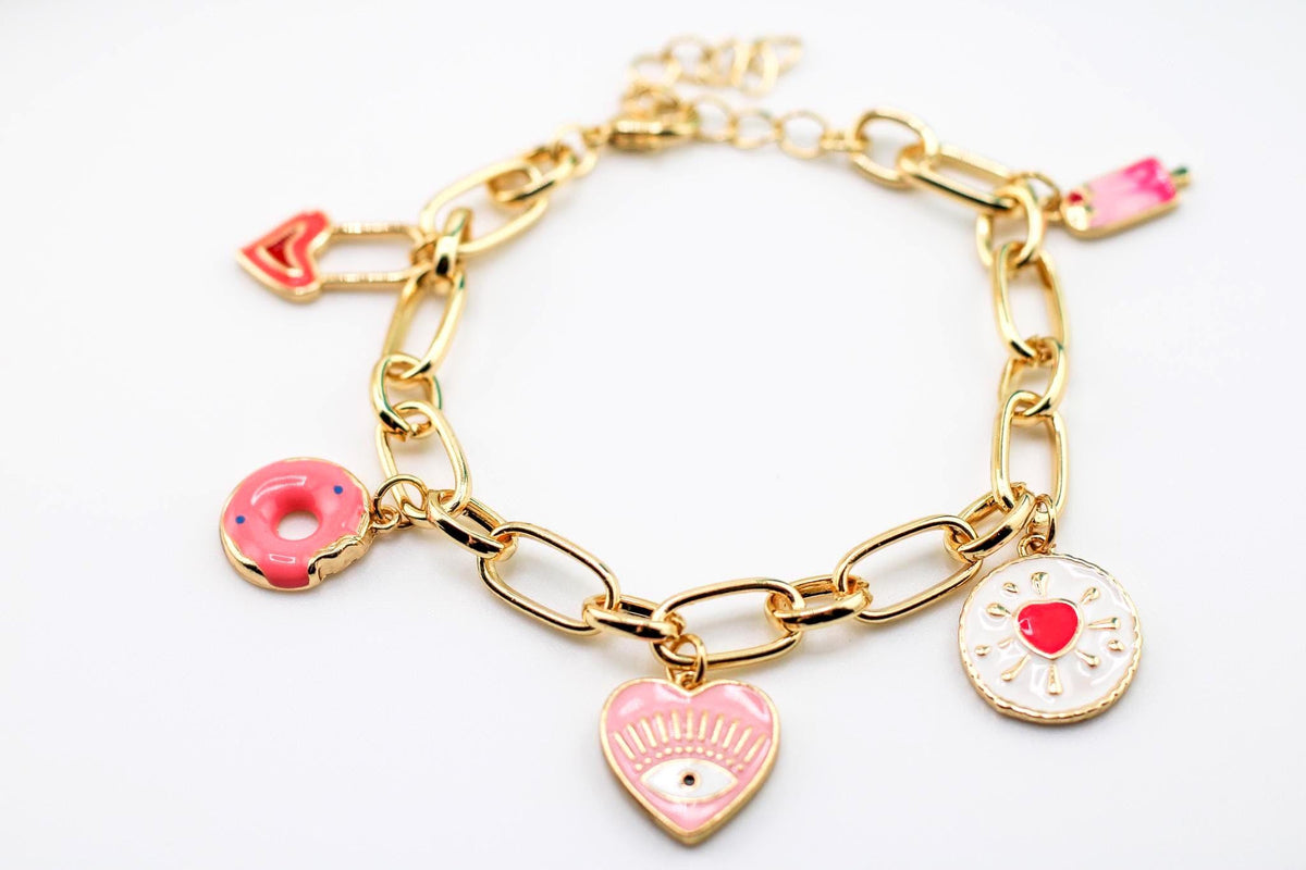 Personalized Charm Bracelet with donut, ice cream and hearts/Gift for Her/Custom Cute Charms /Gold Charm Bracelet/Stylish Jewelry/
