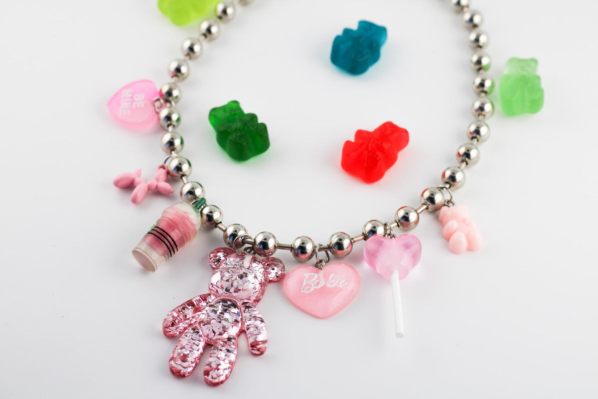 Handmade Pink Sparkling Bear Necklace/Silver Stainless Steel Bead Chain with Multiple Cute Pendants/Kawaii Jewelry Gift