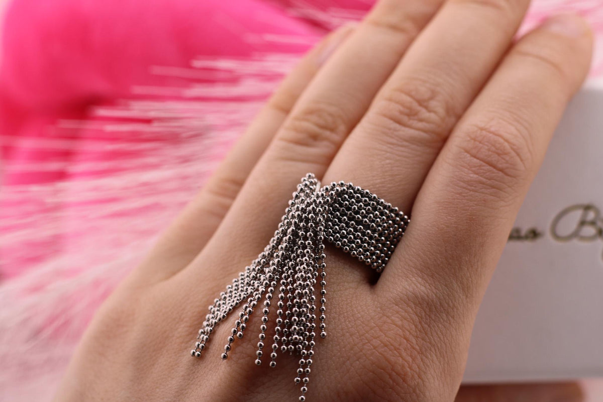 Chain Fringe Ring, Bold Beaded Stainless Steel Adjustable Ring