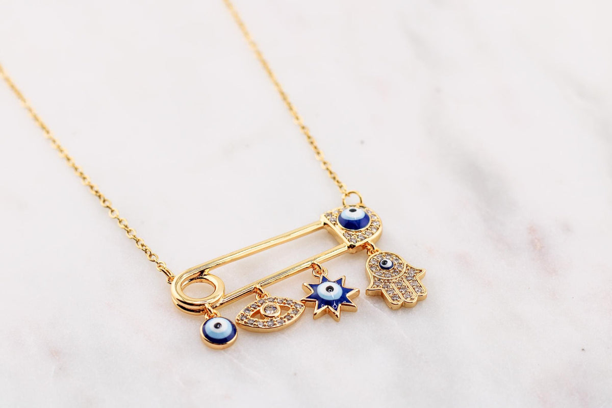 Evil Eye Pin Necklace with Charms /Unique Necklace/Gift for Her/Spiritual Jewelry/ Protection Necklace/Best Gift/