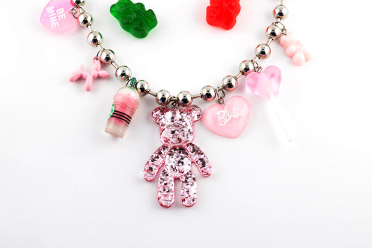 Handmade Kawaii Bear Necklace: Pink Glitter Pendants, Stainless Steel Chain
