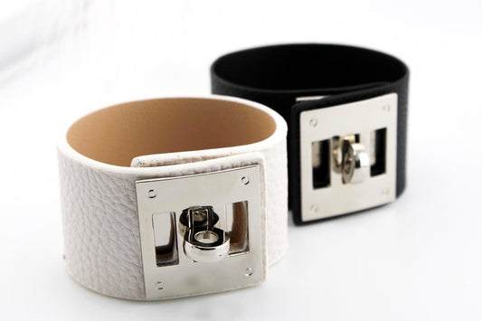 Wide Leather Cuff Bracelet, Chunky Wrap Bangle with Charms