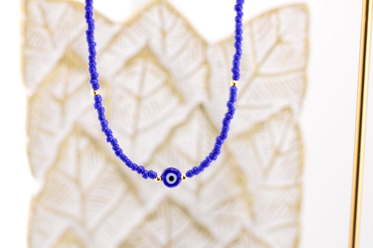 Blue Evil Eye Necklace, Glass Beads, Gold Plated Charm