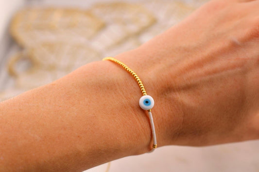 Gold Filled Evil Eye Beaded Bracelet - Dainty Protection Jewelry