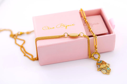 Dainty Gold Hamsa Hand Necklace, Minimalist Protection Charm