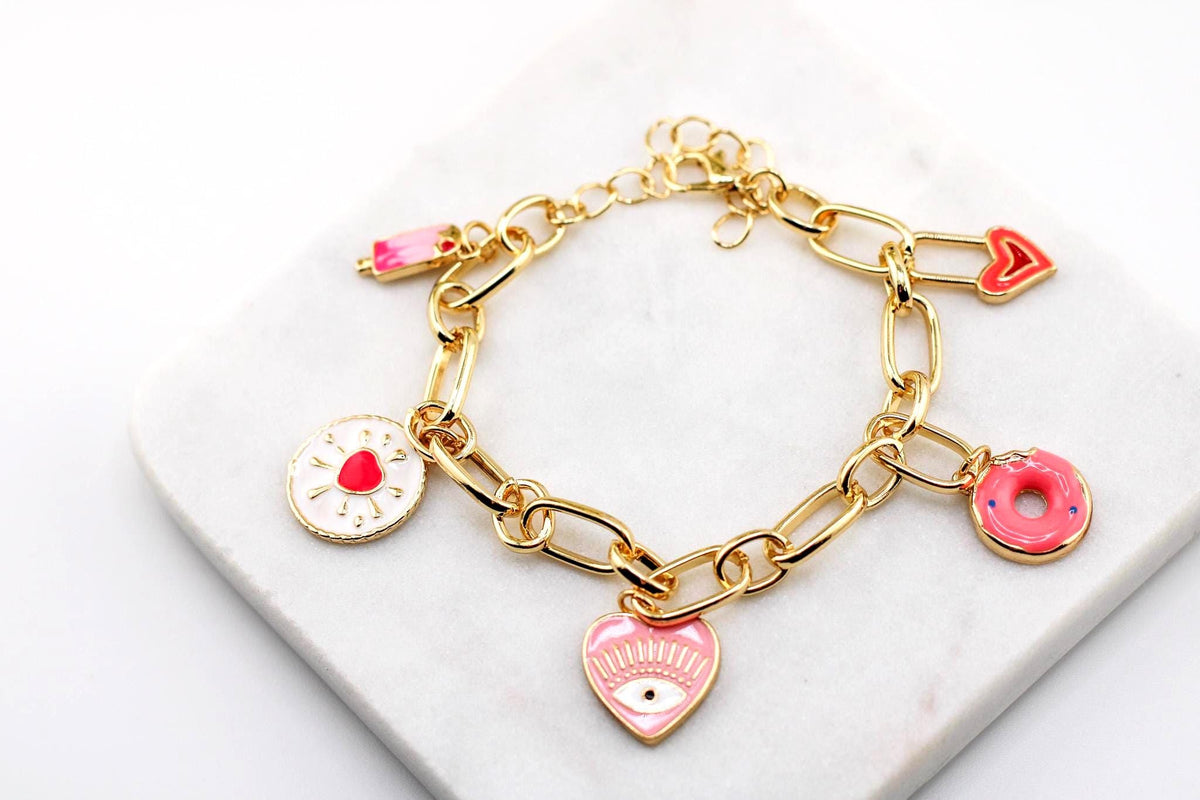 Personalized Gold Charm Bracelet with Donut, Ice Cream, and Hearts