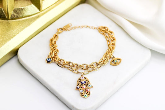Gold Hamsa Hand Evil Eye Bracelet | Adjustable Sterling Silver Protection Jewelry | Handmade Hypoallergenic Charm Bracelet | Gift for Her