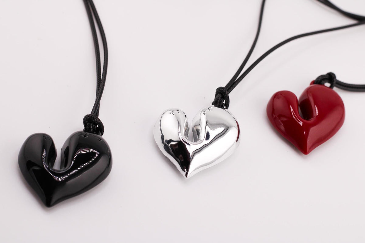Oversized Asymmetric Heart Pendant Necklace: Long Leather Cord