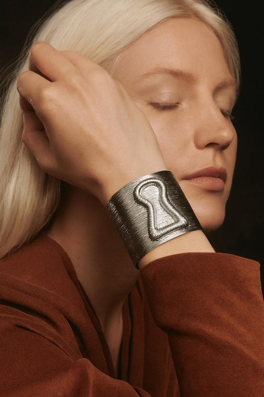 Schiaparelli Inspired Silver Statement Cuff Bracelet/Avant-Garde Fashion Jewelry/Luxury Art Deco Accessory