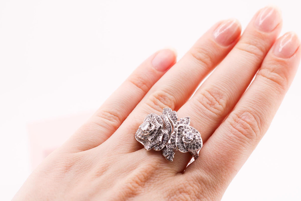 Shiny Silver Ring/Rhinestone Rose/Floral Jewelry/Dainty Band/Unigue Ring/Gift Women