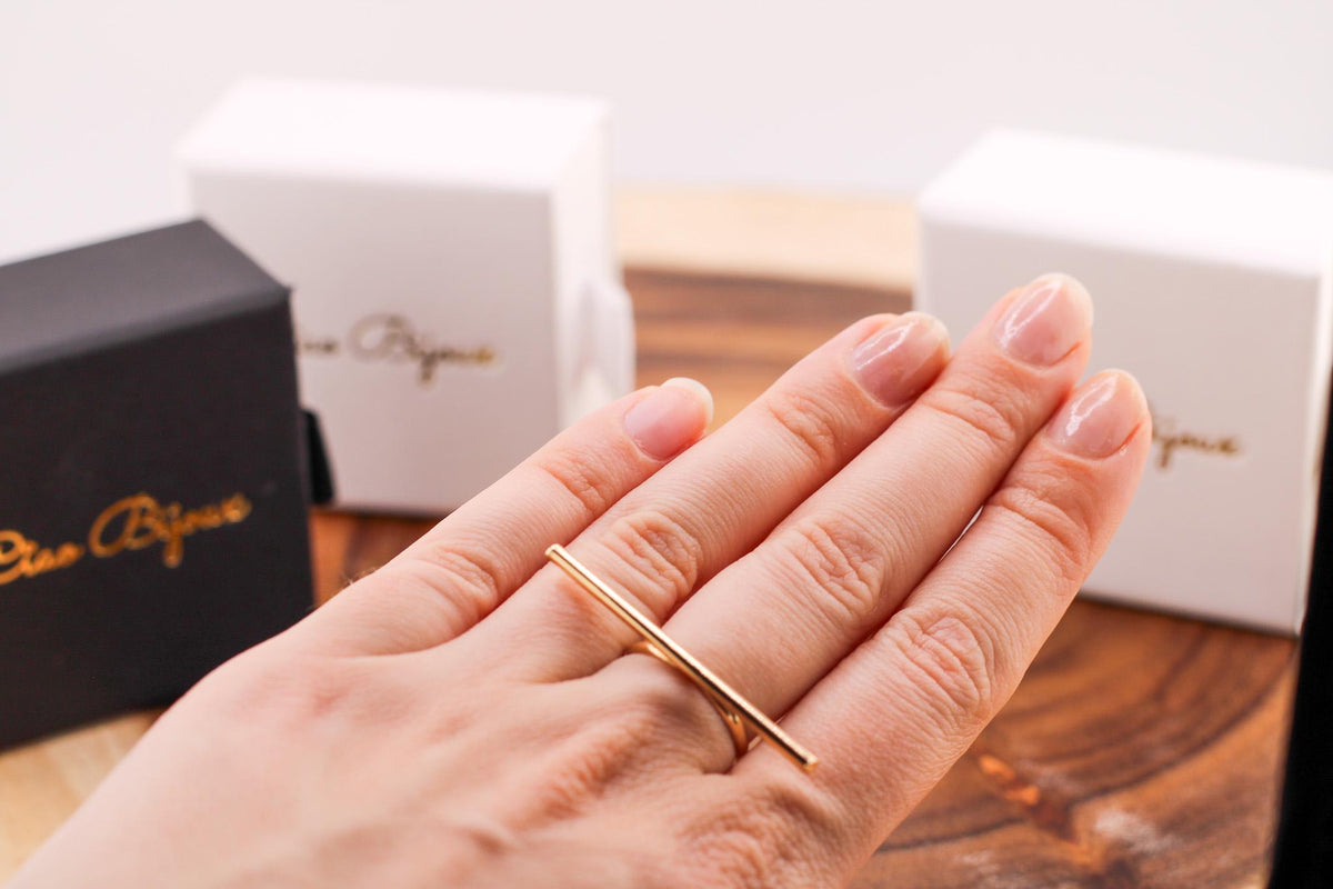 18K Gold Plated Stainless Steel Ring, Geometric Triple Line Band