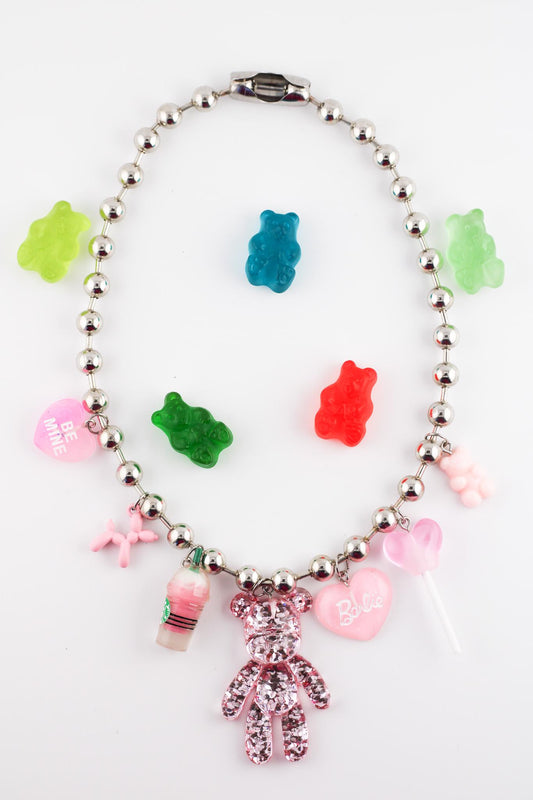 Handmade Sparkling Pink Bear Charm Necklace, Kawaii Stainless Steel Jewelry